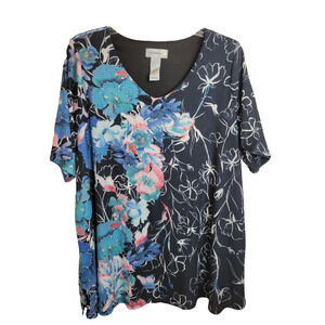 Catherines Black Floral V-Neck Beaded Thermal Short Sleeve Top Women's Size 0X